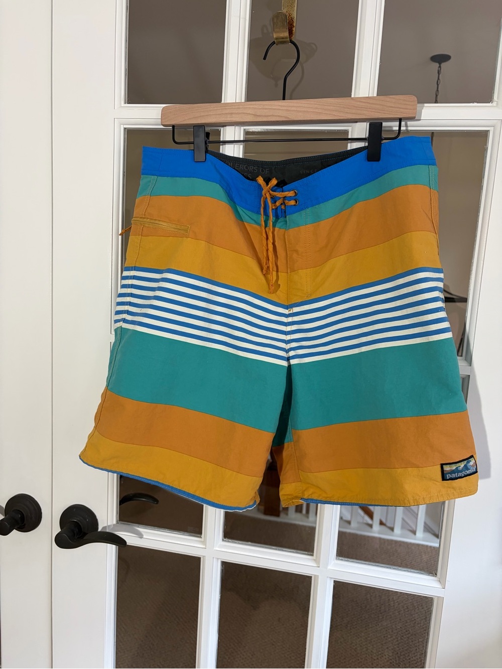 Patagonia Striped Swim Shorts in Teal, Blue & Mustard